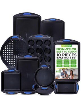 10-Piece Nonstick Bakeware Set - Heavy Duty Carbon Steel, Silicone Handles, Easy